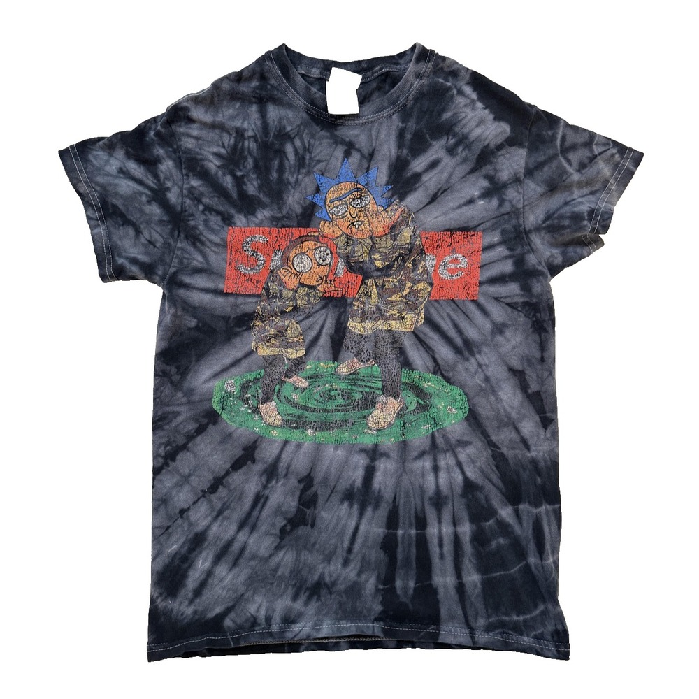 Y2K Rick And Morty Supreme Shirt Mens SM Black Tie Dye Parody Fader Graphic 00's